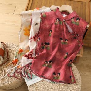 40-150kg Plus Size Tops Women New Chinese Style Printed Shirt Sleeveless Retro Button Cheongsam Top Irregular Drawstring Blouse New Year Clothes 2025