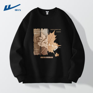 เสื้อฮู้ดคอกลมแขนยาวทรงหลวมพิมพ์ลายใบไม้แดงสำหรับผู้ชาย สไตล์ลำลอง ผ้าฝ้ายผสมโพลีเอสเตอร์ คอลเลกชั่นฤดูใบไม้ร่วง 2025