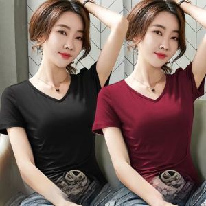 เสื้อยืดคอวีแขนสั้นผ้าโมดอลสำหรับผู้หญิงในช่วงฤดูร้อน สีดำ บาง ทรงเข้ารูป เสื้อตัวบนแฟชั่นสำหรับผู้หญิง คอกลม แขนสั้น ทรงเข้ารูป