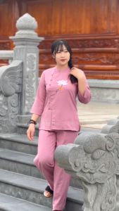 Đồ lam đi chùa nữ chất vải linen cao cấp nút gài thêu hoa sen Thiên Di - Pháp phục đi chùa nữ cao cấp dành cho phật tử D10