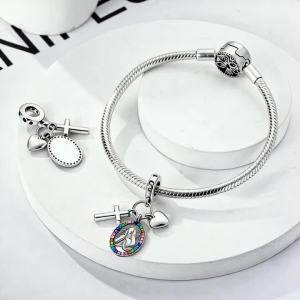 925 Bạc Zirconia Đức Mẹ Đồng Trinh Chữ Thập Hạt Charm Phù Hợp Với 3mm Vòng Tay Dành Cho Nữ DIY Mỹ Món Quà Trang Sức Cổ Điển Sterling Charm