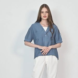 QUEENTIN Blouse Wanita Casual 0343 Linen Polo Polos Lengan Pendek