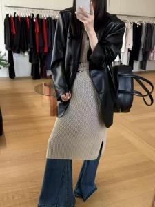 Love at First Sight Chic Shoulder PU Leather Jacket Knitted Dress And Frayed Jeans Set Fashionable Workwear for Women