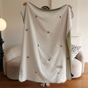 Soft Modern Simplistic Embroidered Panda Color Block Milk Velvet Blanket for Office Use Warm Polyester Fiber Living Room Blanket