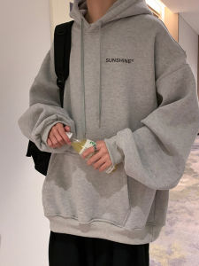 เสื้อสเวตเตอร์ฮู้ดปักลายสีเทาสไตล์อเมริกันย้อนยุคสำหรับผู้ชาย เสื้อคลุมกันหนาวแบบมีฮู้ดพิมพ์ลายตัวอักษรแบบหลวมๆ สำหรับฤดูใบไม้ร่วง