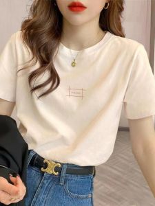 New 2025 Womens Cotton T-Shirt Short Sleeve Letter Print Casual Loose Fit Summer Top Fashionable Versatile Light Beige