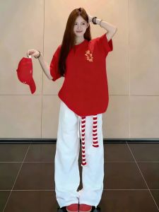 SUSHOUWANGE | Red Loose Fit Cartoon Print Cotton T Shirt