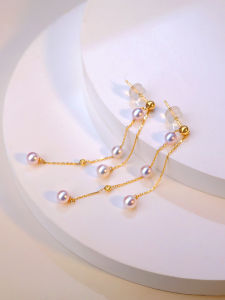 Natural Akoya Seawater Pearl Baby Bead Earrings 18K Gold Mini Tassel Style Extreme Light round Shape Jewelry