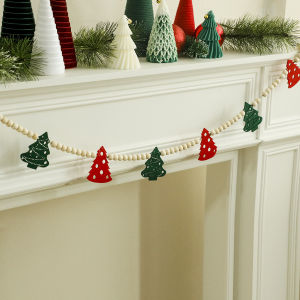 Cute Christmas Tree Felt Garland with Wood Beads Red & Green Tree Hanging Ornaments Festive Fireplace & Home Party Decor Gift