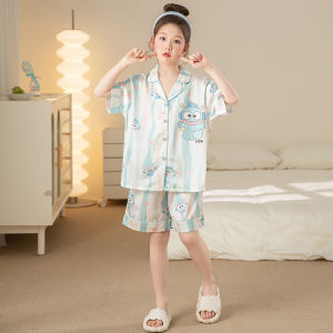 MiiOW | Bộ đồ ngủ tay ngắn bằng lụa băng cho bé gái MiiOW mùa hè thoáng khí dễ thương Bộ đồ mặc nhà thoải mái vải polyester