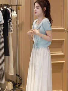 Zhang Yuan Yi Womens French Vintage Patchwork Shawl Knitted Sweater Summer Gentle Style Thin Ice Silk Top Long Sleeve Low round Neck