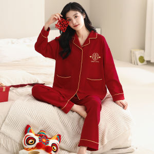 MiiOW | Bộ đồ ngủ cặp đôi màu đỏ MiiOW dành cho nữ Quần dài Áo choàng cổ bẻ dài tay Vải polyester cotton Bộ đồ mặc nhà thoải mái