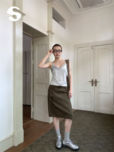 American Street Style Brown Straight Leg Workwear Mini Skirt for Women High Waist Solid Color Commute Casual City Walk