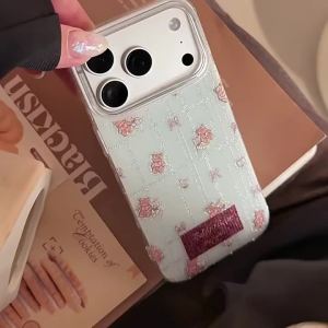 Korean Glitter Lattice Cartoon Bear Phone Case For iPhone 17 Air 16 15 14 13 12 11 Pro Max XS XR X 8 Plus Shockproof Hard Cover