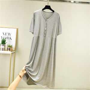 Modal Short-Sleeved Button Dress Womens Loose Slim Looking A- line Dress Plus Size Bottoming Skirt Summer Thin Nightdress