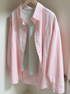 Korean Style Chic Chic Light Pink Pure Cotton Shirt Womens Summer Thin Loose All-Match Commute Sun Protection Shirt Outwear