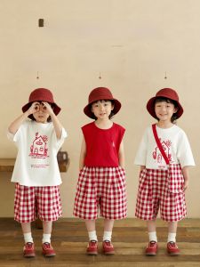 Summer Thin Cotton Short Sleeve Print Shirt And Shorts Set for Boys And Girls Pure Cotton Plaid Childrens Clothing Set