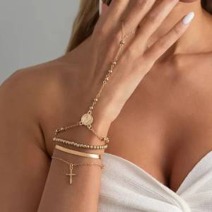 KunJoe 4Pcs/Set Cross Pendant Finger Chain Bracelets Women Vintage Gold Color Connecting Hand Harness Bangle Jewelry Accessories