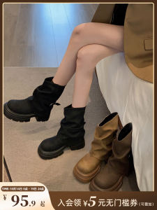 Jia Bu Jia Womens Short Martin Boots Thick Bottom Anti-slip Black Summer 2025 New Style Fashion Boots PU Leather round Toe