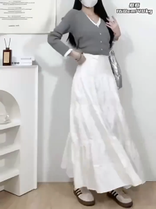 🦋 NLONKE Korean High Waist White Long Skirt Women A-line Elastic Skirt