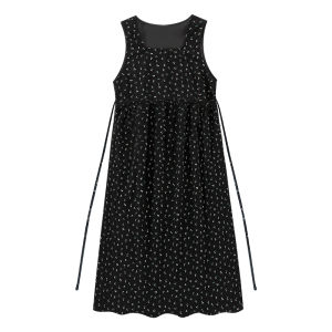 Black Velvet Vest Dress Womens Long Spring Autumn Style Slimming Waist Design Rabbit Print Casual Sweet Japanese Style Dress