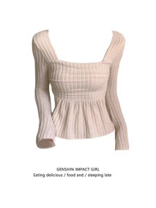 Early Autumn New Arrival Square Collar Gentle Collarbone Flared Sleeves Long Sleeves Womens Chest Silm Easiest for Match Bottoming Shirt Tops T-Shirt