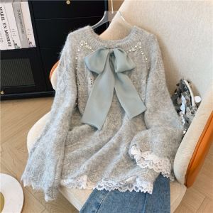 Áo Len Dệt Kim Cổ Tròn Dài Tay Mùa Đông Cỡ Lớn Có Ren Kết Nơ Lớn Áo Len Nữ Phong Cách Đường Phố Thường Ngày Màu Trơn