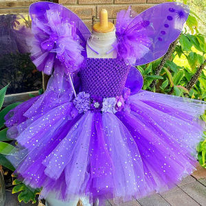 Girls Purple Glitter Dress Kids Flower Fairy Tutu Dresses with Butterfly Wing and Stick Hairbow Children Cosplay Party Costumes