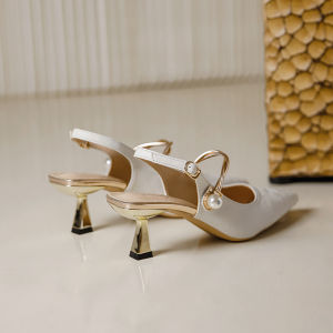 Retro Silk Satin High Heels Pointed Toe Semi Covered Head Sandals New Chinese Style Mary Janes Fashionable Pearl Embellished