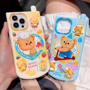 Flip over makeup mirror holder 3D butter teddy bear case for iPhone 15 14 13 12 11 Pro Max casing Big Brother with Hanging Chain Anti Drop Soft Cover