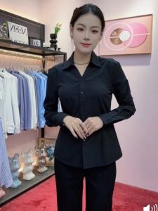 Black Long Sleeve V-Neck Shirt Womens Business Formal Anti-Wrinkle High-End Feeling Bank Front Desk Shirt Commute Style Slim Fit Polyester