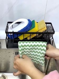 Kitchen Countertop Storage Rack With Detachable Hanging Rod 304 Stainless Steel Sponge Cloth Drainage Holder Drainer Basket。。。