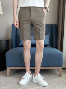 Summer New Mens Thin Casual British Pure Color Slim Fit Five-Quarter Pants Shorts Youth Trendy Straight Leg mid High Waist