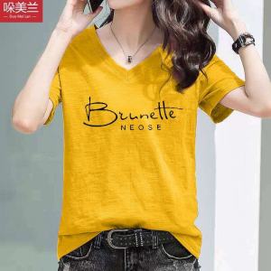 Slimming Effect Bamboo Cotton V-Neck Short Sleeve Womens Top Loose Fit Half Sleeve T-Shirt Summer Casual Comfortable Tee