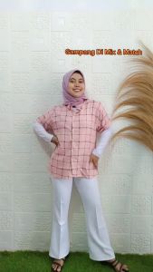 Kemeja Wanita Lengan Pendek Kotak Kemeja Kerja Casual Santai Nhm