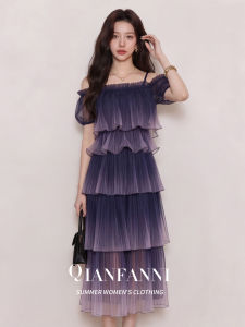 QFN | Bộ Đồ Du Lịch Phong Cách Tiên Nữ Chiffon Tím Ống Dài Xòe Quai Ngang Màu Degradé