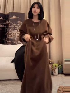 Slimming Long Sleeve T-Shirt Dress for Women Autumn Winter Loose Knee-Length Over-Belly Lazy Style Sweatshirt Dress European Goods