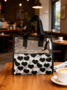 Waterproof Transparent PVC Heart Print Portable Lightweight Large Capacity Ins Style Handbag Cosmetic Storage Bag Family Storage Tools