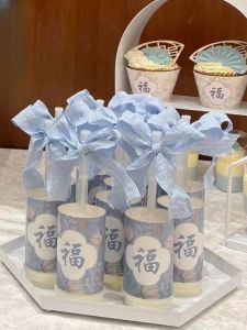 Blue New Chinese Style Dessert Table Ribbon Decor Birthday Cake Tube Pleated Butterfly Knot Tie Decorations Celebration Stickers