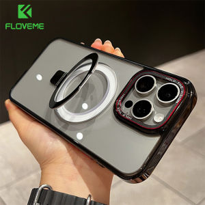 FLOVEME Metal Magsafe Folding Stand Clear Phone Case For iPhone 15 14 13 12 Pro Max 15 14 Plus Plating Wireless Charging Transparent Hard PC Anti-fall Shockproof Back Cover For iphone 15 14 13 12