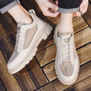 Mens Summer Breathable Thin Mesh Anti-Odor Hollow Martin Boots Low Cut Casual Eyelet Shoes round Toe Rubber Outsole PU Insole