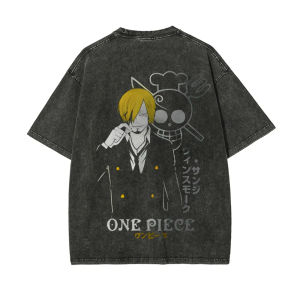 Bandai | One Piece Mens and Womens Washed T-Shirt Sanji Clothing Summer and Spring Anime Niche Tee Retro Distressed Short Sleeve