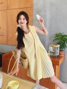 Yellow Sleeveless Miu Style Pleated Skirt Dress Womens Summer New Korean Design High Waist A-Line Dress Butterfly Knot