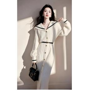 Slimming Long Sleeve Knitted Dress Navy Collar Womens Autumn Winter New Style Korean Version Thickened A-Line Skirt Dress