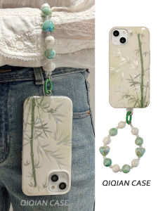Qiguan Green Bamboo Womens Phone Case with Chain Strap Chinese Style Hard Shell Protection for Apple iPhone 16/15/14/13Promax/12