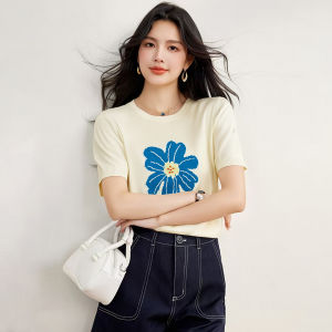 7.Modifier | Áo Thun Hàn Quốc Đa Năng Cổ Tròn Thêu Tay Ngắn Ôm Sợi Knit