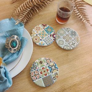 Tile Cup Coasters Set of 4 Gold Foil Relief Ceramic Cup Coasters for Wooden/Coffee Table with Cork Base Tabletop Protection Housewarming Gifts