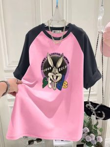 Loose Womens Short Sleeve T-Shirt Pure Cotton Shoulder Insert Design Comfortable Breathable Korean Style Cartoon Rabbit Print
