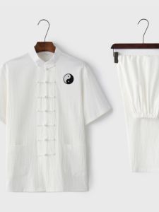 Tai Chi Embroidery Summer Short Sleeve High-grade Retro Buttoned Tang Suit Linen Cotton