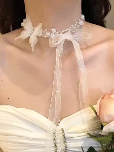 Elegant Pearl Butterfly Necklace with Ribbon Tassels Stylish Womens Jewelry Accessory